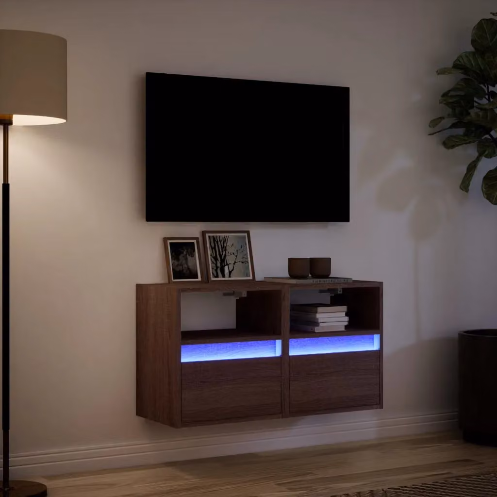 Berkfield Home Set of 2 Modern Wall Mounted TV Cabinets with LED Lighting in Brown Oak, W/D/H: 41 x 31 x 45 cm – 4