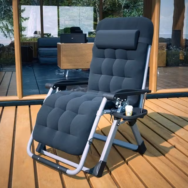 BIRCHTREE Black Sun Recliner with Thick Padded Cushion, Textilene Fabric and Adjustable Headrest