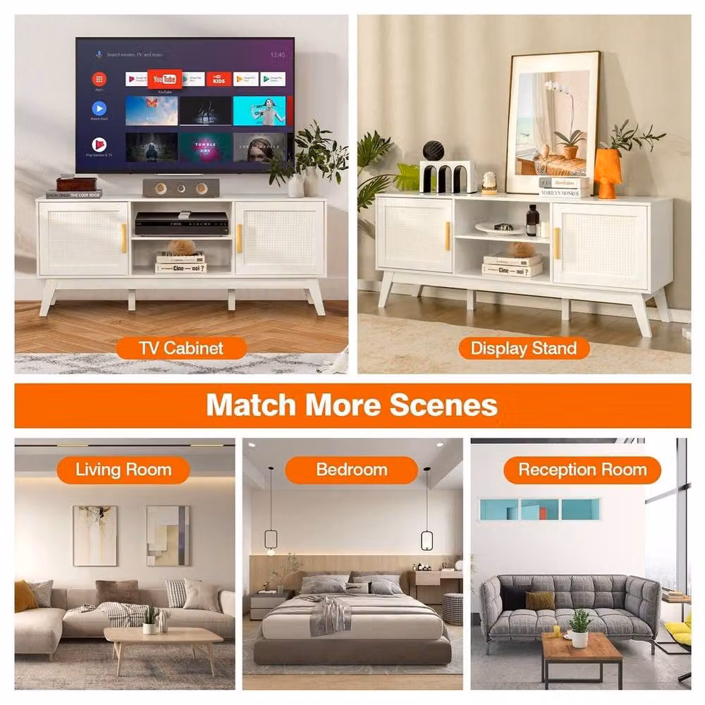 Havendro White Rattan 65 Inch TV Stand with Adjustable Shelf and 2-Door Cabinet – 3