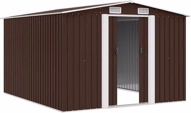 Berkfield Brown Metal Garden Shed with Sliding Gable Doors, W/D/H: 257 x 298 x 178 cm