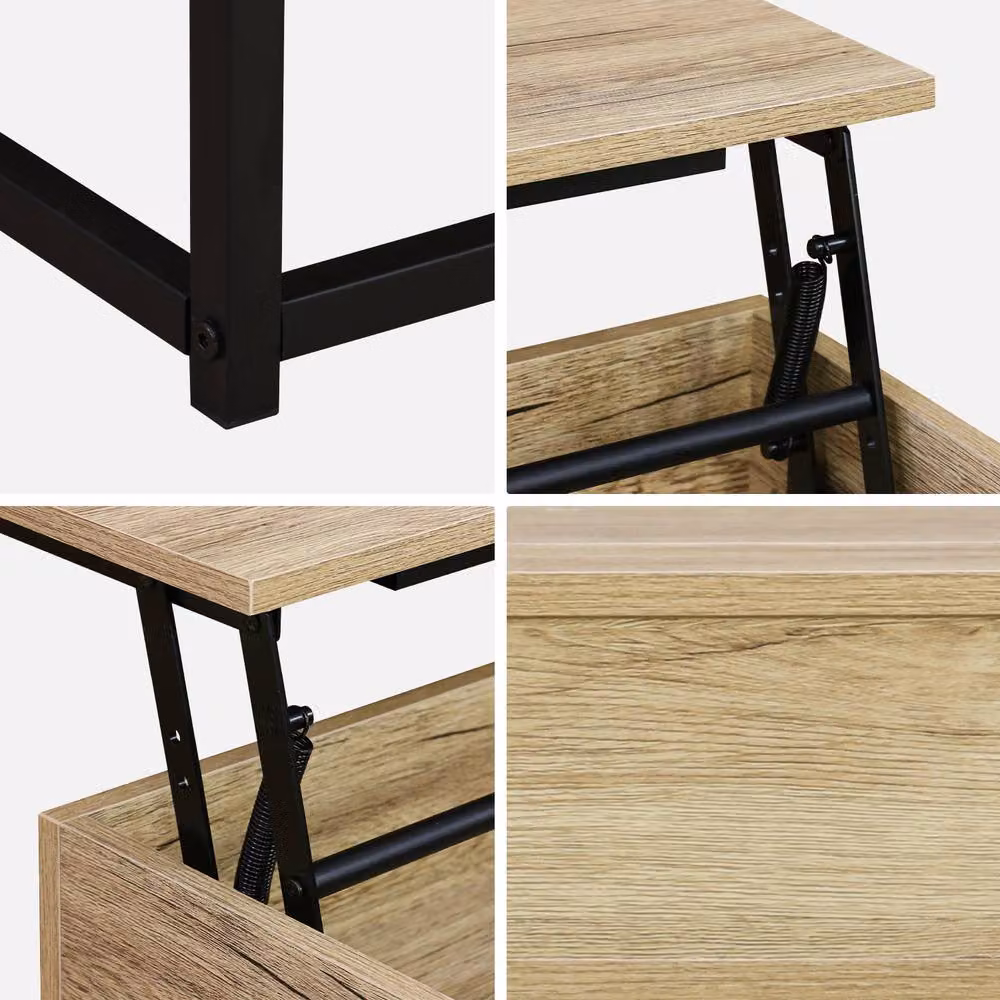 sweeek Liftable Rectangular Coffee Table in Light Brown with Industrial Wood and Metal Design – 3