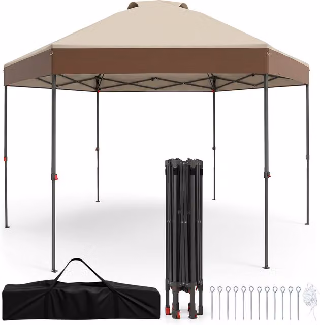 COSTWAY Height Adjustable Pop up Canopy Tent in Brown and Silver with Polyester Material