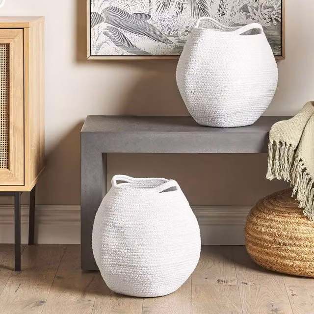 Wyld and Coco Set of 2 White Open Weave Cotton Storage Baskets W: 20 cm, D: 30 cm