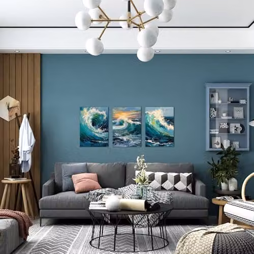 Simpa Waves of the Sea 3 Panel Canvas Wall Art, Multicolour Blue Maritime Landscape, W/H: 120 x 60 cm – 4