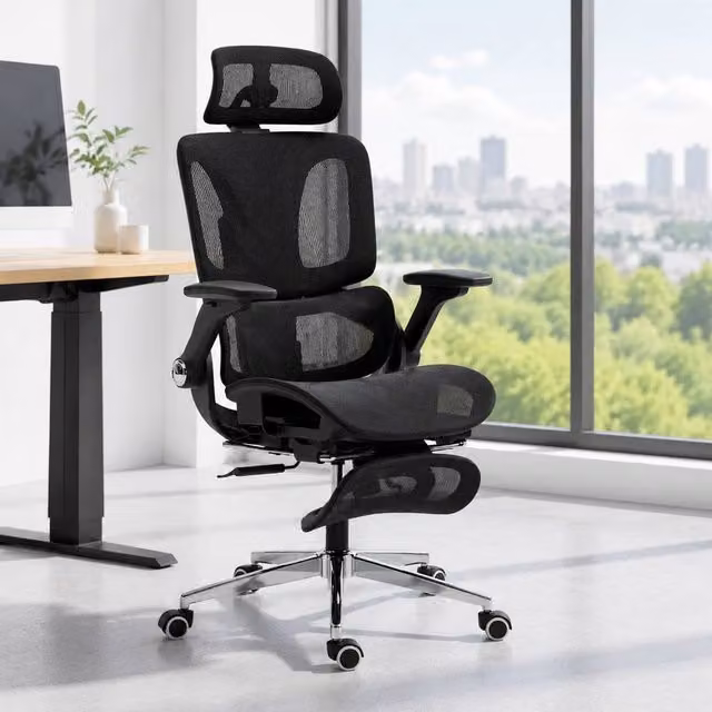 STILVORA Ergonomic Office Chair in Black Fabric with Adjustable Headrest and Seat Depth – 1