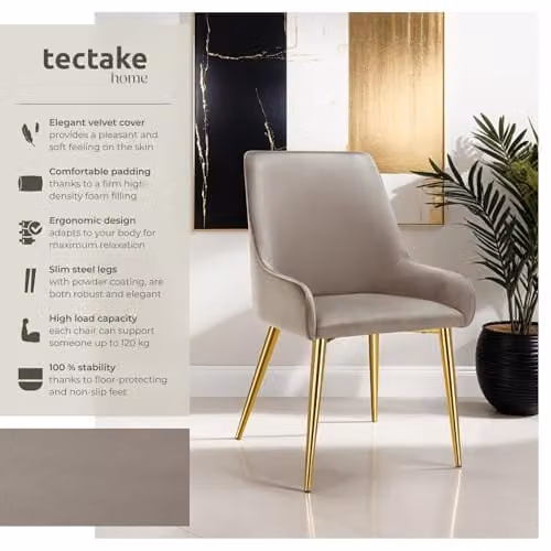 tectake Set of 4 Modern Dining Chairs with Armrests in Taupe Velvet Fabric and Metal Legs – 4