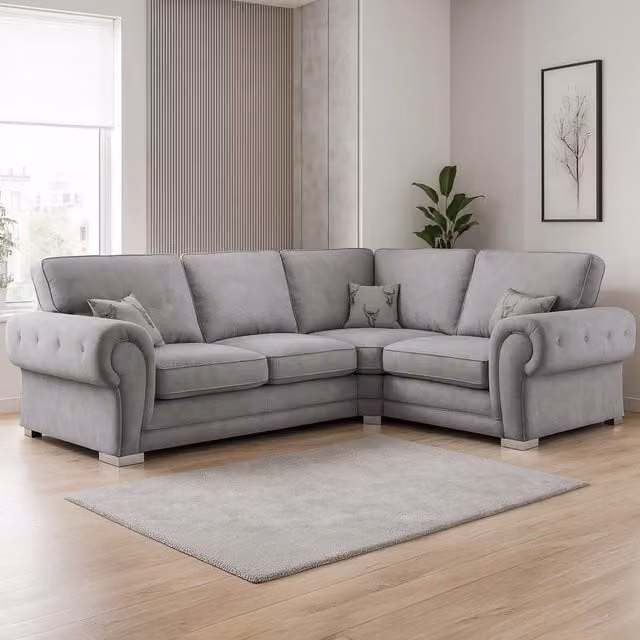 Furnishings For Less UK Milan 4 Seater L Shaped Corner Sofa, Grey, Right Hand Facing, Chesterfield Style with Full Back and Fabric Upholstery