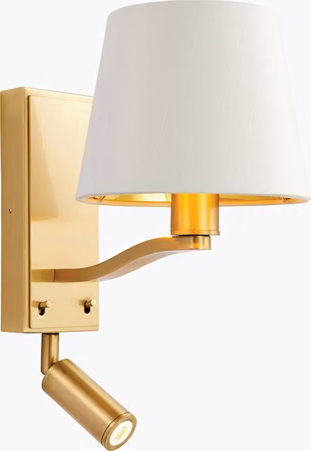 Netlighting Harvey 1 Light Indoor Wall Light in Satin Brushed Gold and White Faux Silk with E14 Base