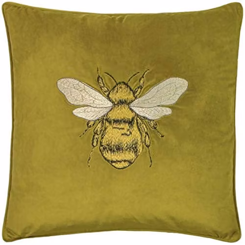 Paoletti Hortus Embroidered Bee Soft Velvet Pipe Trimmed Cushion in Green, W/D/H: 50 x 50 x 50 cm – 1