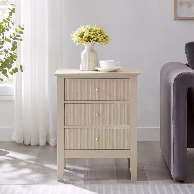 Melody Maison 3 Drawer Bedside Table in Taupe, Black, Gold and Beige
