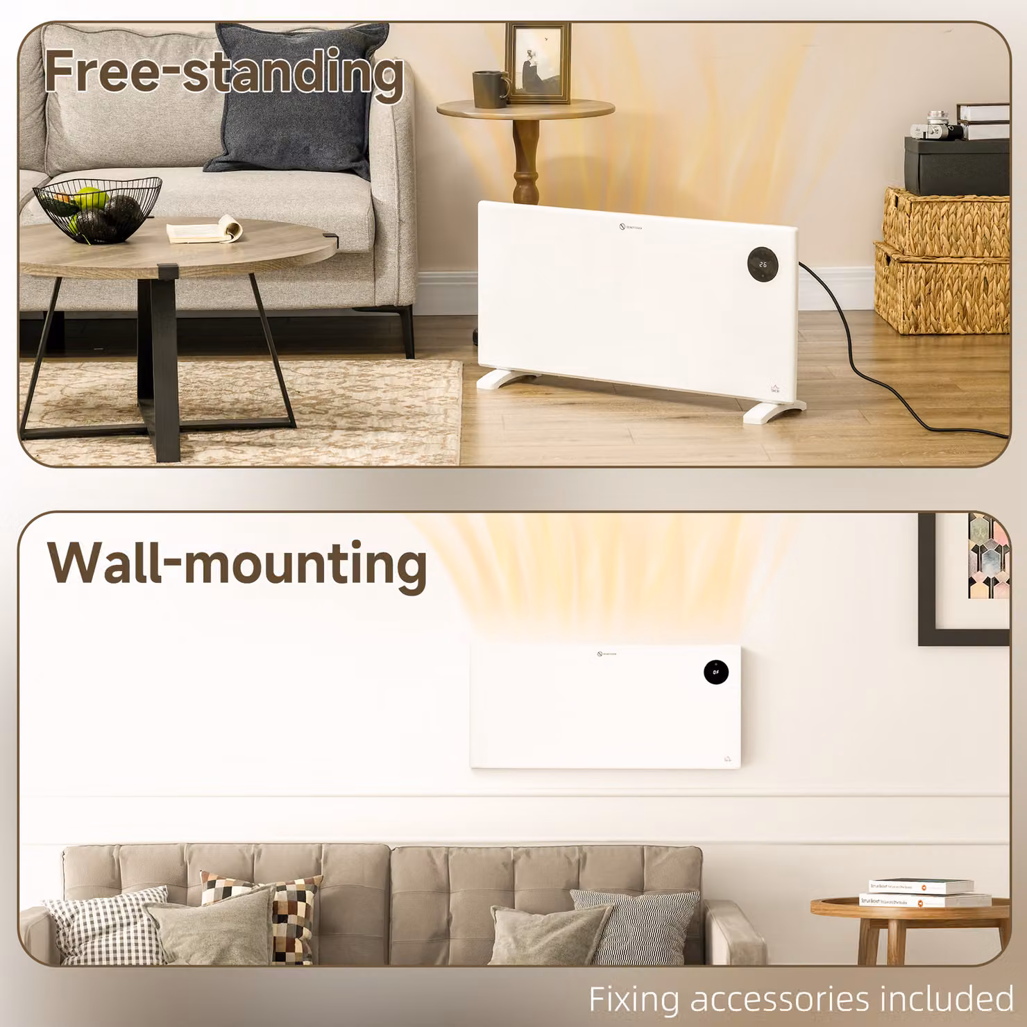 HOMCOM 2000W Convector Heater, White, Freestanding or Wall Mounted with Adjustable Thermostat, Timer and Remote Control – 5