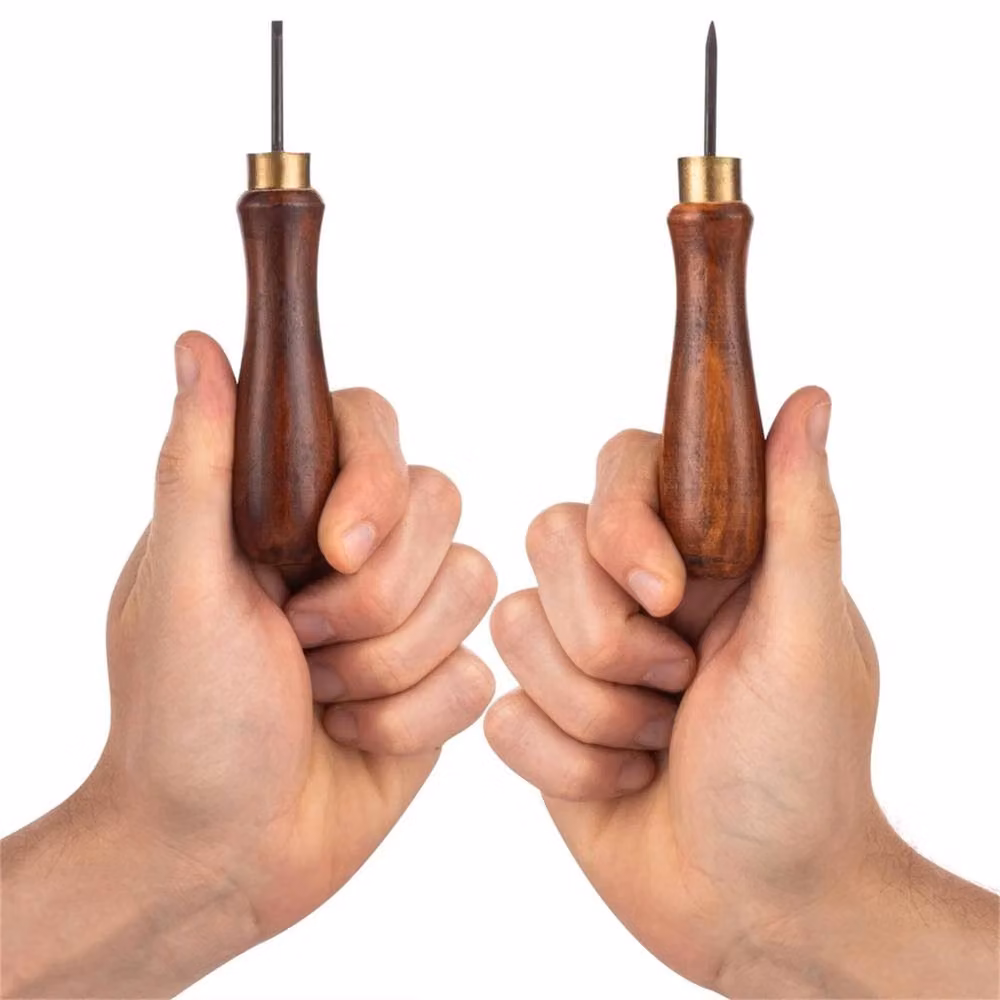 VOGREX 3-Piece Woodworking Awl and Bradawl Tool Set with Round and Square Point Chisels, Brown – 4