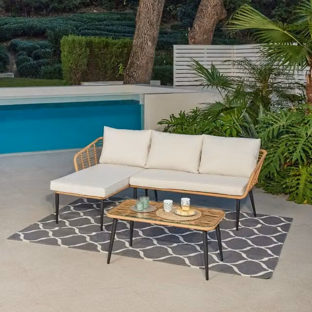 GRS Modern Rattan Wicker Garden Set with Metal and Glass in Beige