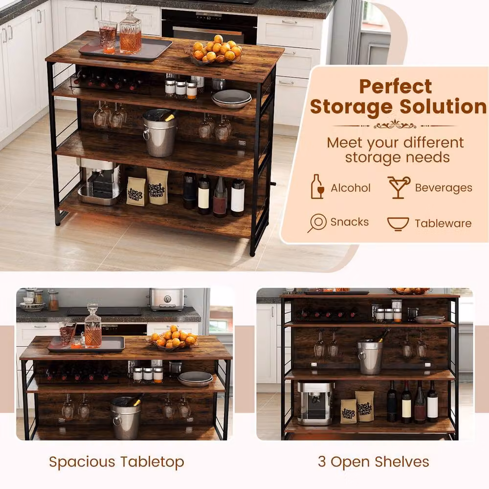 Costway 2-in-1 Industrial Home Bar Unit and Wine Cabinet with 4 Shelves and 4-Row Glass Holders in Brown – 7