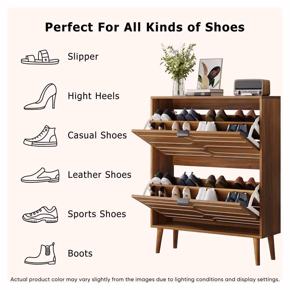 Merax Mid-Century Walnut Shoe Storage Cabinet with Tilting Compartments and Internal Shelves, Brown – 2