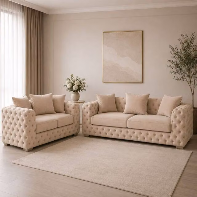 Stratus Interiors Ashley Beige Fabric Chesterfield Scatter Back Sofa 2 and 3 Seater Set – 1