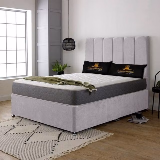 UK Bed Furniture Savannah King Size Divan Bed with 2 Drawers on Same Side and 26 Inch Headboard in Silver Fabric