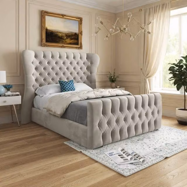 KDMD Skegness King Size Curved Designer Bed Frame in Beige Soft Velvet – 1