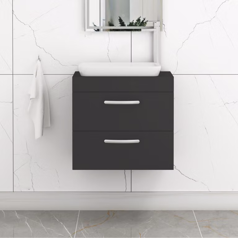Royal Bathrooms Turin 800mm Wall Hung Vanity Unit with 2 Drawers and Countertop Basin in Matt Black with Brushed Brass Handle