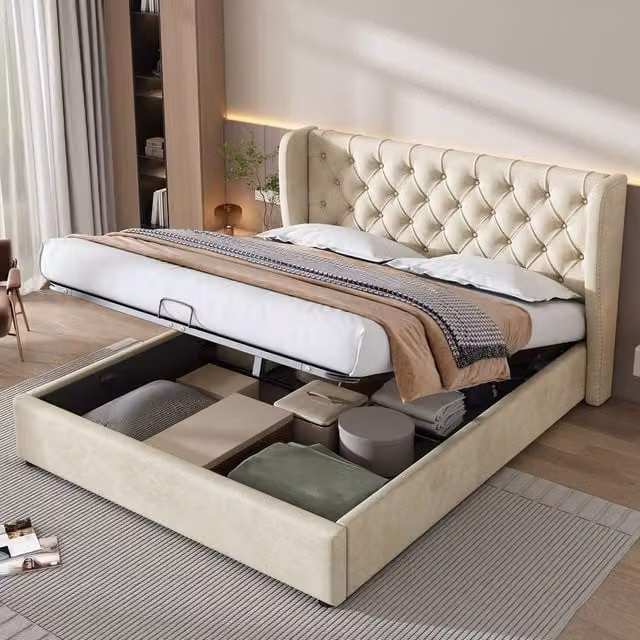 Matteo Modern Upholstered Bed with Hydraulic Lift Base in Beige Velvet, W/D/H: 140 x 200 x 135 cm
