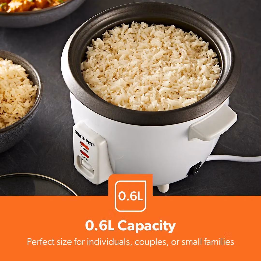 Geepas White Rice Cooker with Vegetable Steamer and Non-Stick Inner Pot, 0.6 l – 5