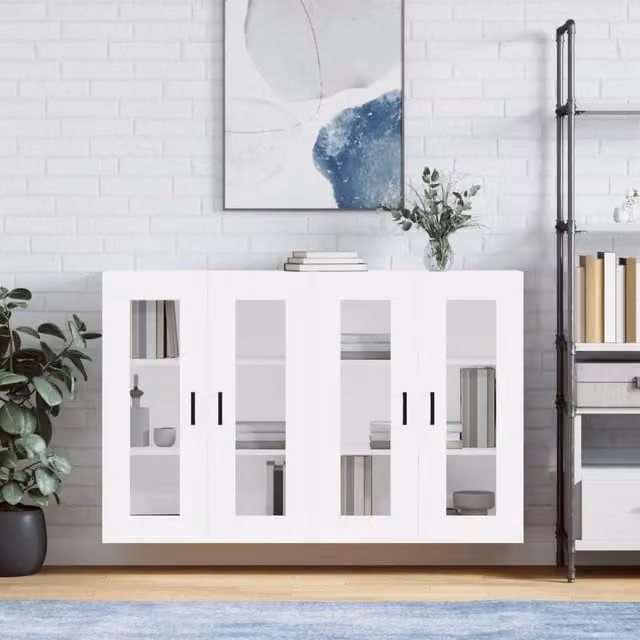 Berkfield Home Set of 2 White Modern Wall Mounted Cabinets with Glass Doors and Internal Shelves – 1