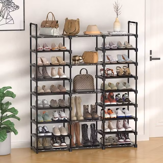 Livingandhome Modern Matt Black Metal Open-Style Freestanding Shoe Rack for Hallways