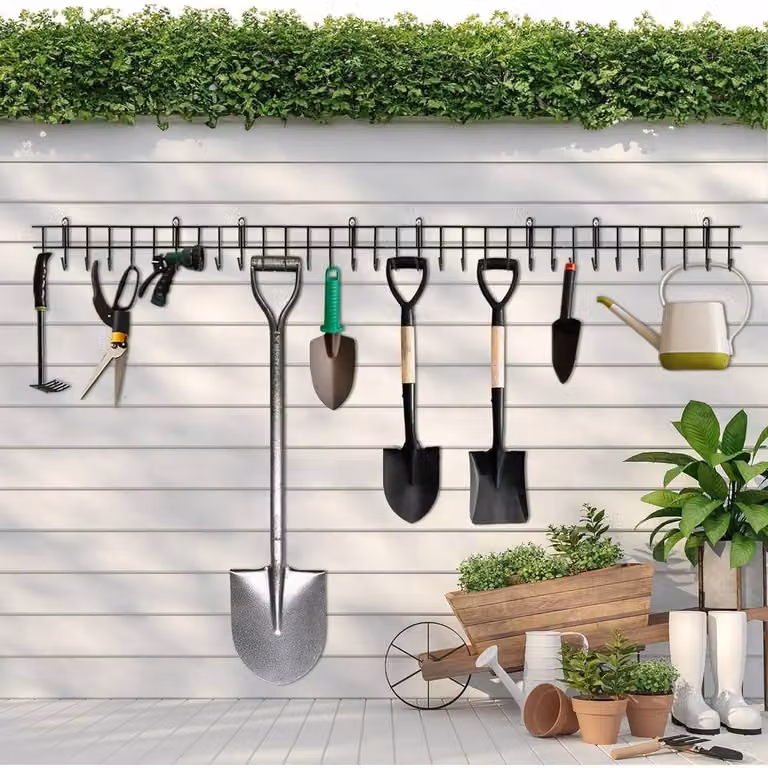 Pelle & Sol Wall-Mounted Garden Tool Storage Rack, Black, W: 160 cm, H: 40.5 cm, D: 160 cm