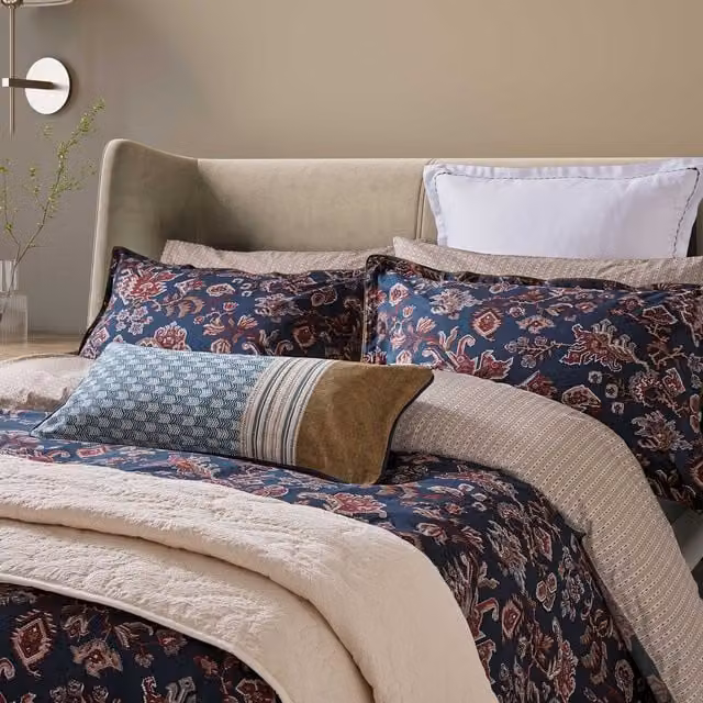Bedeck of Belfast Avero Super Kingsize Striped Cotton Percale Duvet Cover and Pillowcase Set, Petrol, White and Beige, 200 x 200 cm
