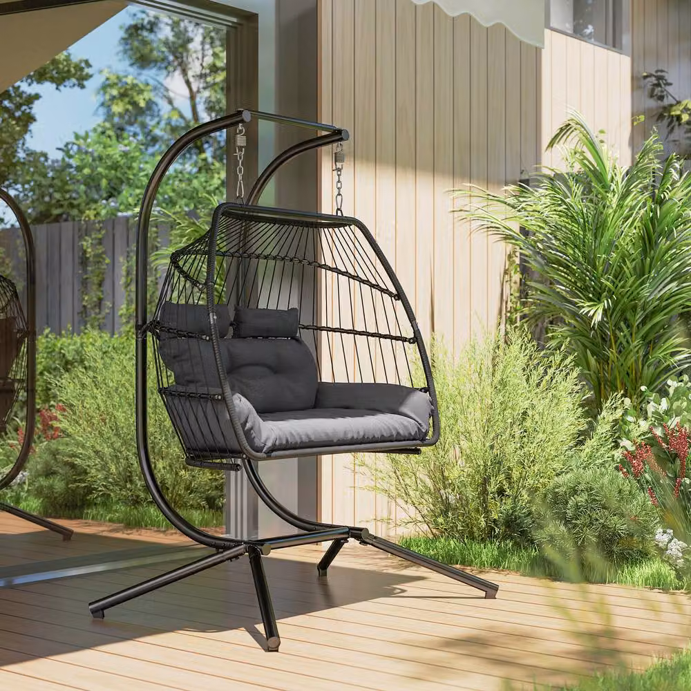 ERGOVEXA Rattan Double Hanging Egg Chair with Stand in Dark Grey – 4