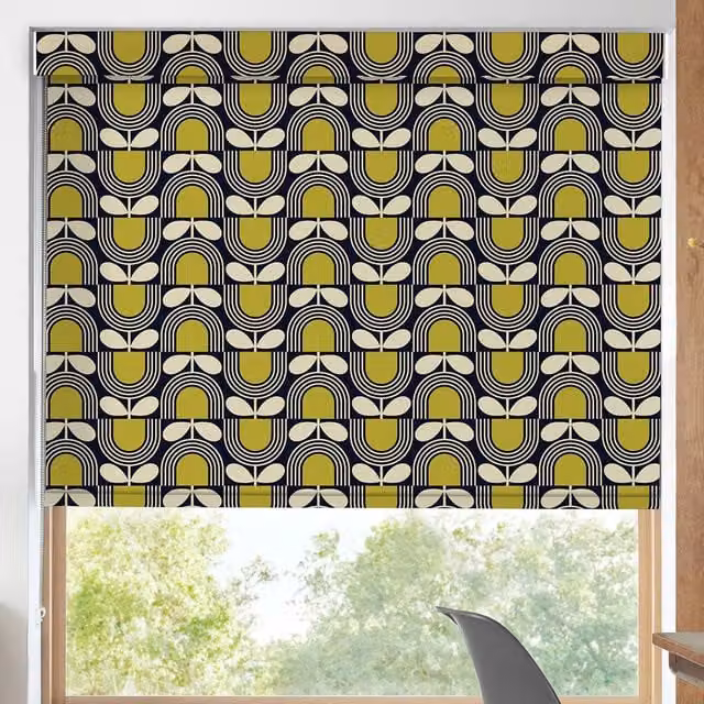 Orla Kiely Striped Tulip Blackout Made To Measure Roller Blind in Navy Blue, Yellow and Multicolour