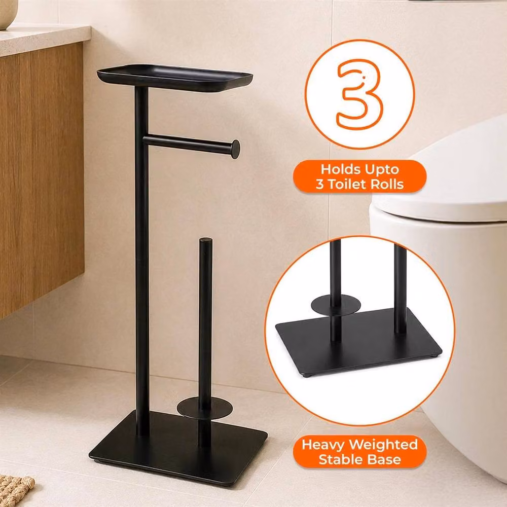 Kelvenix Freestanding Toilet Paper Holder with Top Shelf and Spare Roll Holder in Black, W: 180 cm, H: 180 cm – 3