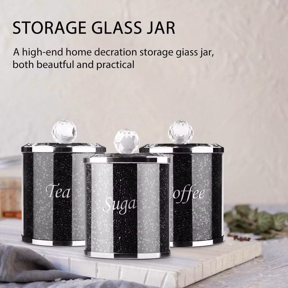 FLAVORA 3-Piece Black Glass Sugar Canisters with Crushed Diamond Design for Tea and Coffee – 4