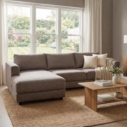 Abakus Direct Kaizer L-Shaped Corner Sofa in Beige Bouclé Fabric, Left Facing – 3