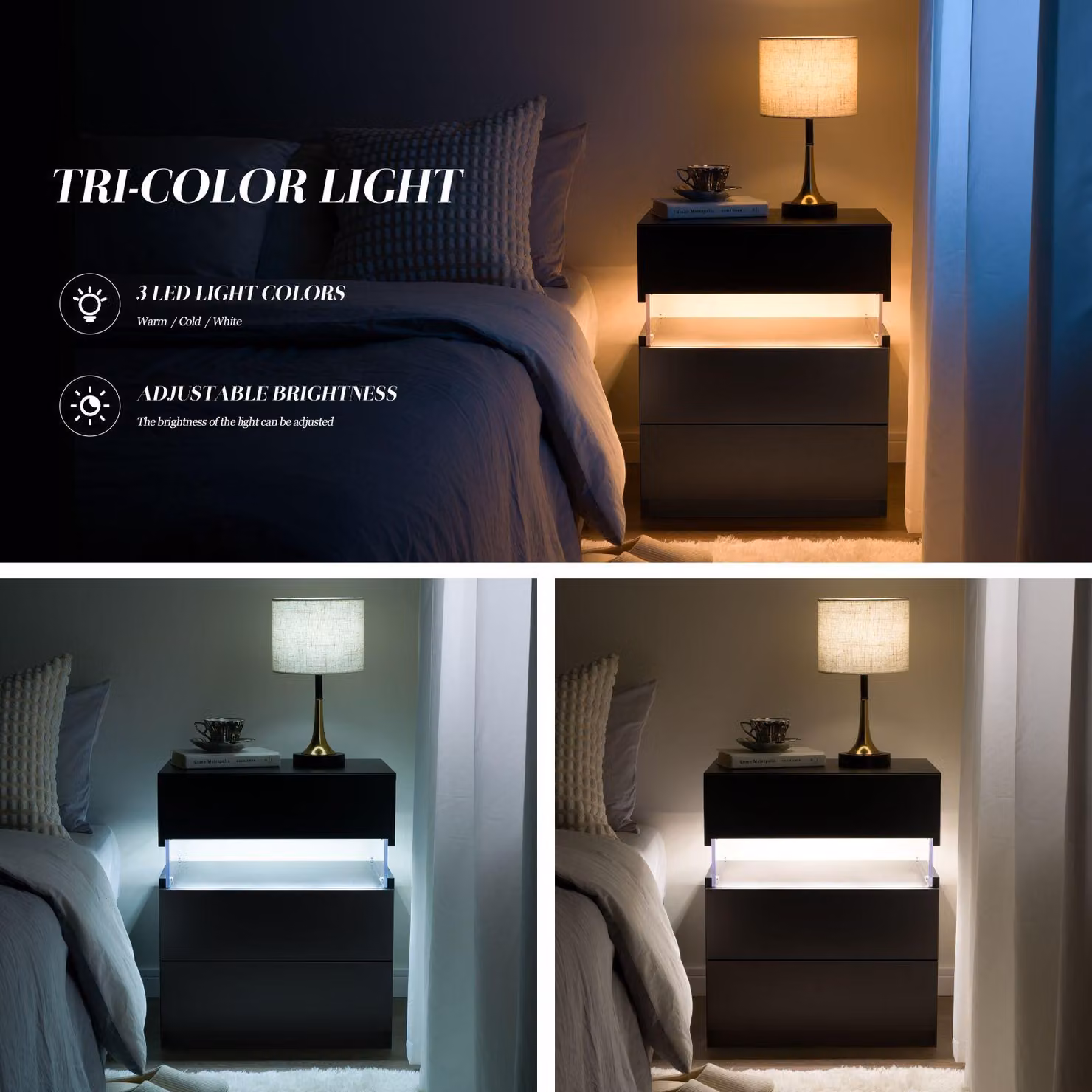 Aosom Black LED Bedside Table with 3 Storage Drawers and Multi-Colour RGB Light, W: 37.5 cm, D: 50 cm, H: 60 cm – 3