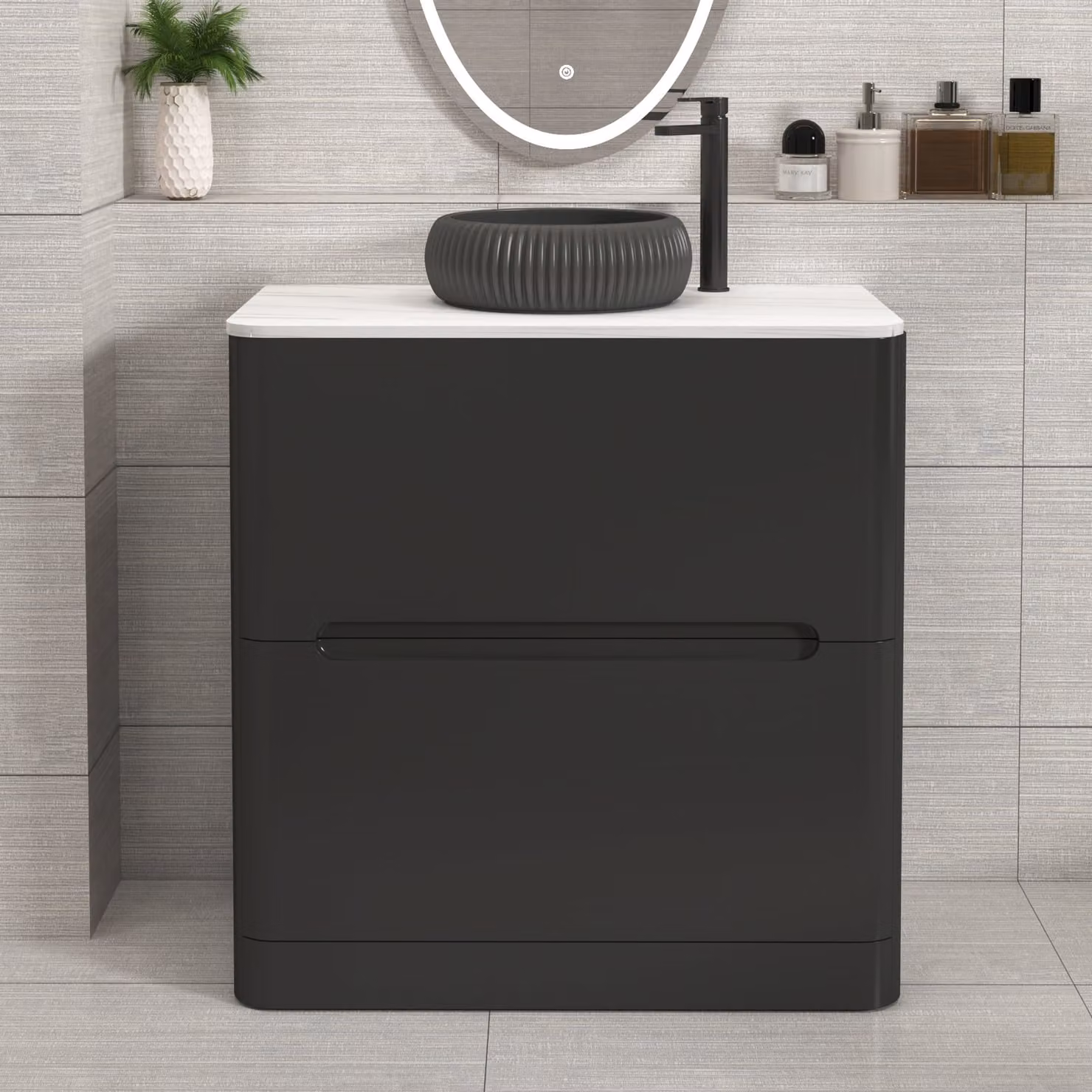 Royal Bathrooms Venice Matt Nocturne Black 2 Drawer Floor Standing Vanity Unit with Carrara White Undrilled Worktop