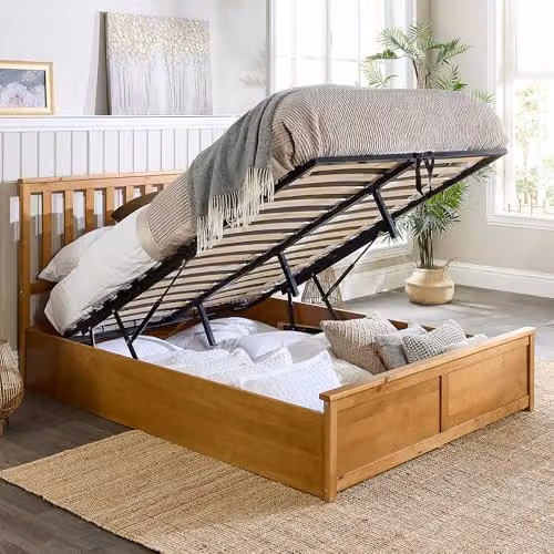 Aspire Beds Natural Wood Ottoman Storage Bed Frame, Brown, W/D/H: 180 x 200 x 55 cm