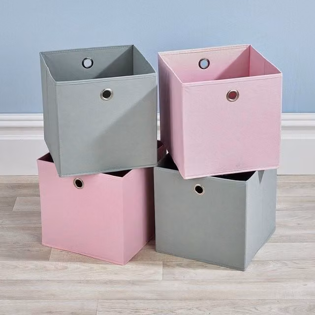 Home Source 4 Piece Set of Collapsible Fabric Storage Baskets in Pink and Grey, 27 cm