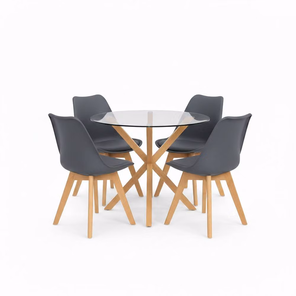 KOSY KOALA Round Glass Dining Table Set with 4 Grey Plastic Chairs – 2