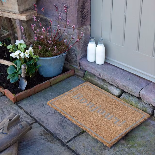 Artsy Mats Bonjour Grey Doormat in Brown and Grey with Coir and Non-Slip Rubber Base