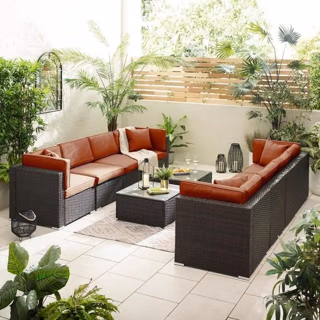FurnitureboxUK Orlando 8 Seater Modular Rattan L-Shape Garden Sofa Set with Coffee Table and Ottoman in Brown and Orange