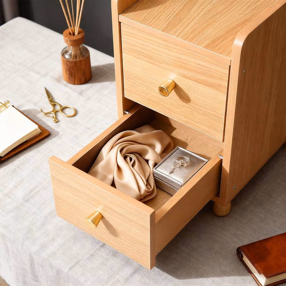 KORVIXA Slim Wood Bedside Table Narrow Cabinet with Drawers and High Legs in Brown – 5