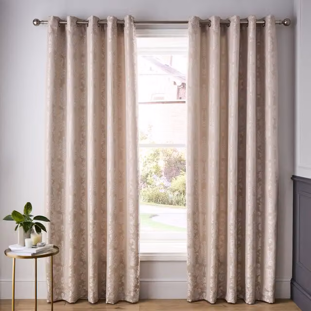 Catherine Lansfield Damask Jacquard Lined Eyelet Curtains in Gold, Width: 168 cm, Drop: 229 cm