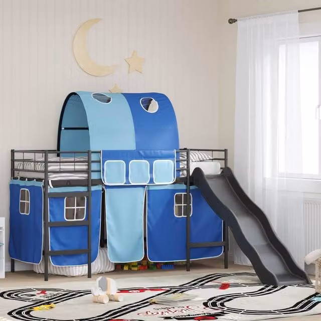 Berkfield Home Kids' Metal Loft Bed Frame in Black and Blue, W: 75 cm, L: 190 cm – 1