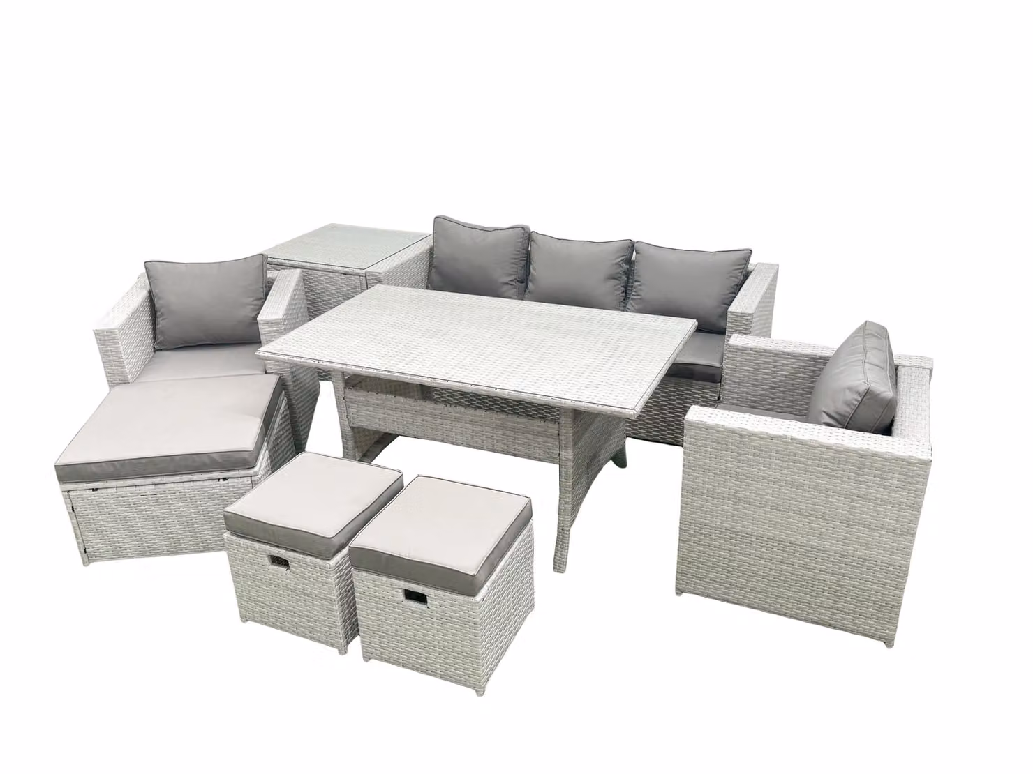 Fimous Garden Dining Set with Rattan Sofa, Dining Table, 2 Chairs, 3 Footstools and Side Table in Light Grey – 2