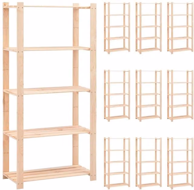 Berkfield Home 10-Piece Set of 5-Tier Solid Pinewood Storage Racks in Beige, W/D/H: 80 x 38 x 170 cm