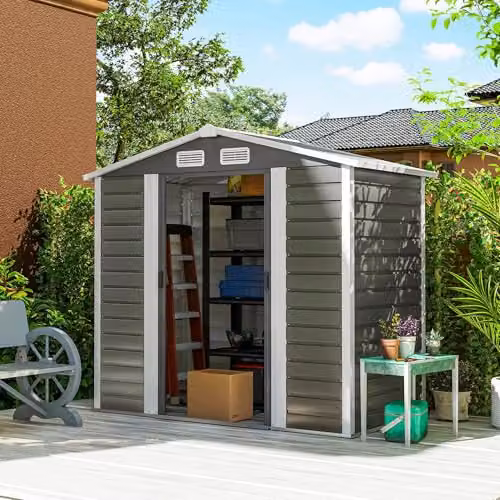 Outsunny Metal Garden Shed in Grey with Double Doors, Lock and Foundation Kit – 4