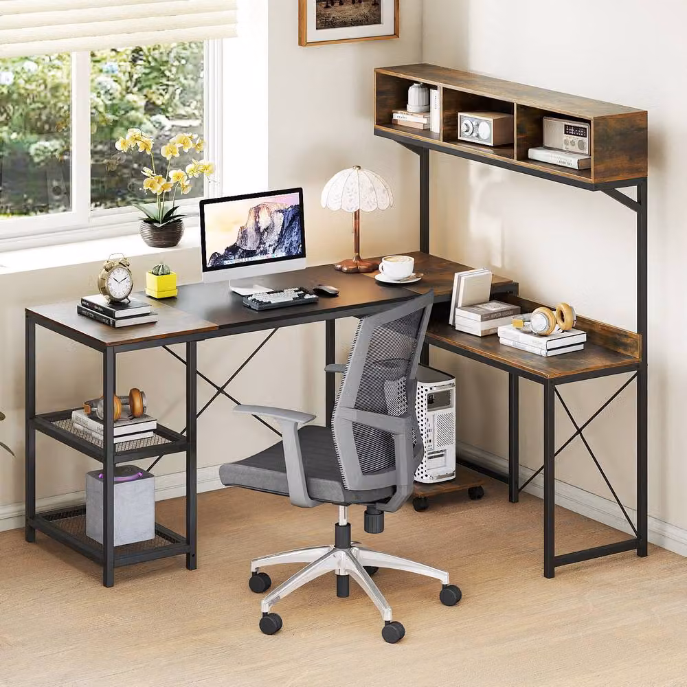 Costway L-Shaped Reversible Corner Computer Desk with Storage Hutch in Dark Brown – 5