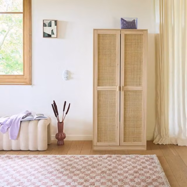 sweeek Scandinavian 2-door cane and wood effect wardrobe in beige, H: 180 cm, W: 80 cm, D: 48 cm