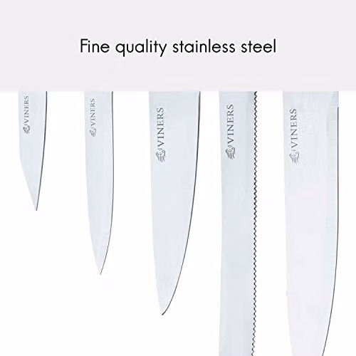 Viners 5 Piece Knife and Chopping Board Set with Stainless Steel Knives and Grey Handles – 4